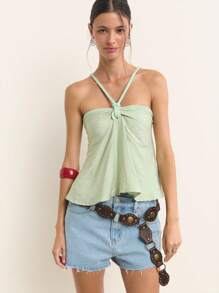 Nöista This Light Green Camisole Top Features Thin Straps Connected By A Knot At The Front Center, Creating A Soft Drape And Relaxed Fit. Its Pastel Shade And Gentle Silhouette Make It Ideal For Summer Outfits, Cute Summer Tops, Plus Size Summer Clothes, And Versatile Women's Summer Clothes. - Green - View 9