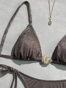 Swim Mod 2pcs/Set Women Halter Glittery Fabric Shell Decor Sexy Bikini Set For Summer Beach Vacation