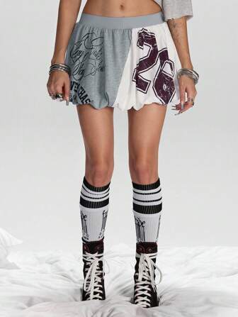 Street Life Damen Y2K Millennium Retro Patchwork grafischer Muster Lässig Athletic Vibe Ultra tief sitzender Minirock mit Glockenform