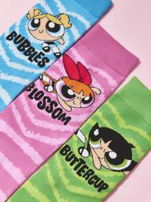 THE POWERPUFF GIRLS X SHEIN 3双柔软透气吸湿休闲女士船袜，花朵、泡泡、毛茛图案，时尚可爱，色彩缤纷，加固袜头和袜跟，经久耐穿，四季皆宜，百搭，Y 2 K，情人节礼物 - 彩色 - 查看 5