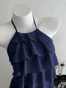 Elamini Women's Summer Solid Color Layered Ruffled Halter Neck Tank Top