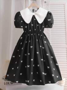 SHEIN 少女优雅蝴蝶印花撞色A字连衣裙，适合返校、春季假期、度假、派对、优雅场合、假日家庭户外春季野餐、日常穿着。 - 黑色 - 查看 5