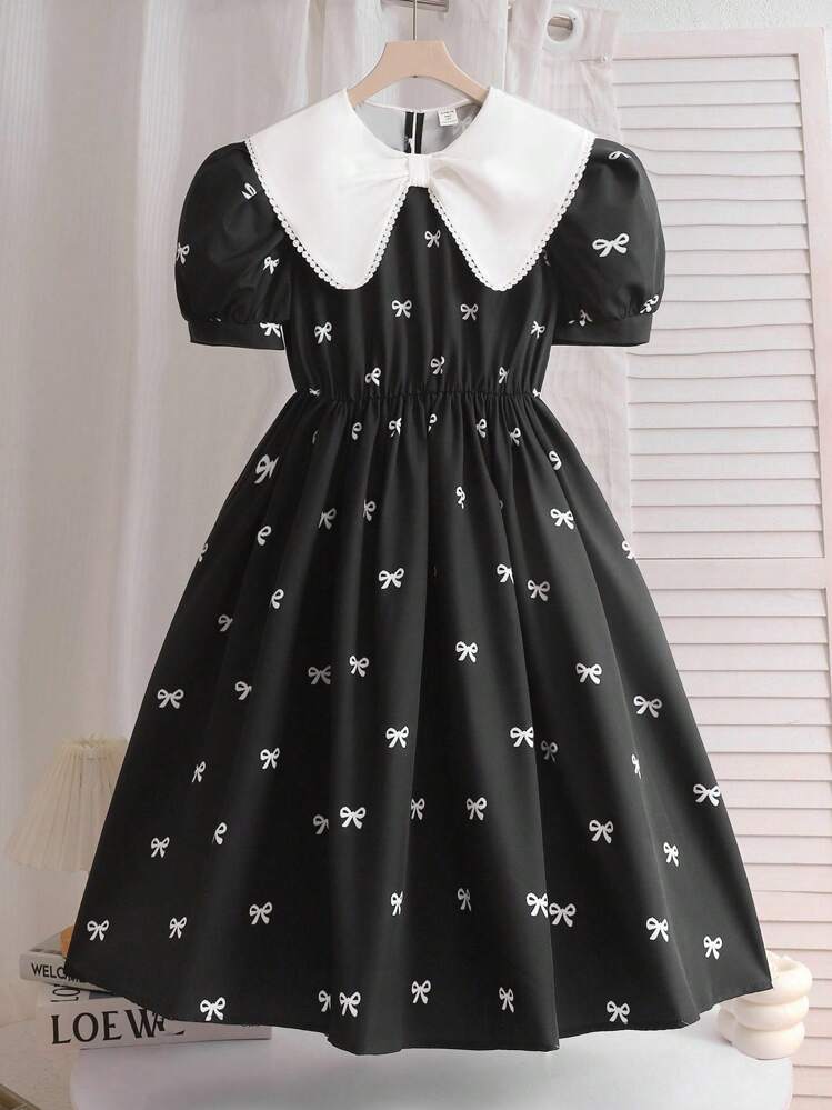 black and white peter pan collar dress & Swing dress for girls SHEIN Tween Girls Elegant Black