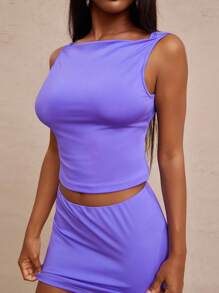 SHEIN Unity Top Night Out Sleeveless High Neck Plunge Back Fitted Bodycon Summer Club Tee Western Concert Music Festival Vacation Spring Break Brunch Easter Thanksgiving Christmas NYE New Years Eve Outfits For Women - Purple - View 5