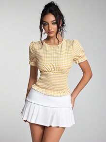 Jeanoix 女式夏季格子圆领短袖抽绳腰衬衫 - 黃色 - 查看 4