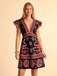 CAJUNI 女士度假波西米亚风蛇纹印花 V 领镂空后背盖袖 A 字迷你连衣裙，适合夏季假期 - 彩色 - 查看 4