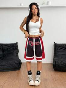 Coolane 女式夏季街头服饰比赛日运动狂欢节图案透气网眼运动短裤 - 黑色 - 查看 5