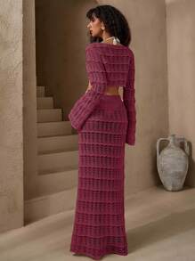 SHEIN Tall 2pcs Set Casual Hollow Out Long Sleeve Top & Skirt - Dusty Pink - View 2