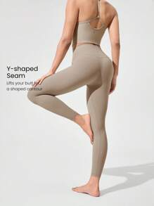 GLOWMODE Quần legging liền mạch lưng cao hình chữ Y mềm mại co giãn thấm mồ hôi Own The Glow 24" FeatherFit™ Quần tập yoga Pilates Barre Studio tác động thấp, mặc thường ngày - Màu Khaki - Xem 3