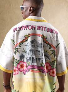 Sumwon Studios Palm And Rhythm 度假村保龄球衬衫图案艺术房屋印花夏威夷度假海滩 Aloha 夏季纽扣衬衫 - 彩色 - 查看 1