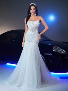 Glamrae Váy cưới đuôi cá lưới mỏng đính hoa lãng mạn màu trắng thanh lịch có eo nhún bèo, đuôi dài, thích hợp cho đám cưới, nhà thờ, lễ cưới ngoài trời - trắng - Xem 5