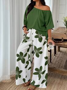 Weeklong Plus Size Women Holiday Solid Color Asymmetrical Shoulder Blouse And Floral Print Wide Leg Pants Loose Suit - Green - View 1