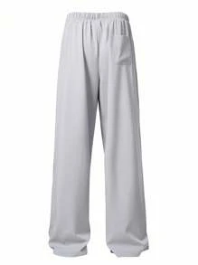 Claim Dot Calça de Moletom Masculina de Perna Larga Solta com Bolso e Cordão na Cintura, Cor Sólida, Casual - Cinza Claro - Visão 2