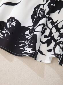 SHEIN Rosurelle 夏季优雅荷叶边袖撞色印花连衣裙 - 黑與白 - 查看 9
