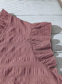 SHEIN LUNE Plus Size Women's Solid Color Textured Fabric V-Neck Ruffle Trim Short Flare Sleeve Fitted Casual Regular Shirt - Dusty Pink - View 6