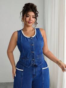 Elenzga Modische lässige ärmelloser Denim Jacke mit Perlendekor für Große Größen