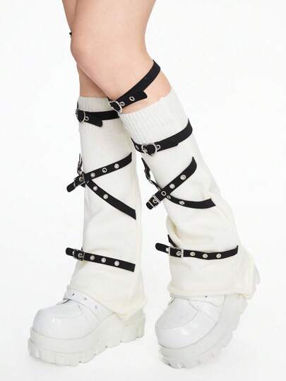 Grunge Punk 1 Pair Punk Style White Solid Color Leg Warmers, Knitted Leg Warmers With PU Leather Belt Splice, Slim Fit, Suitable For Daily Wear And Holiday Party, Decorated With Metal Buckle Belt