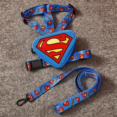 SUPERMAN X SHEIN 3 件套图案印花宠物背袋套装，1 个可调节背袋，1 个袋子，1 条牵引绳，徽标