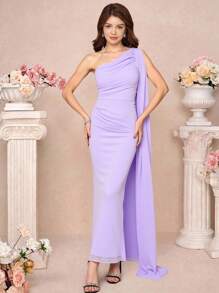 Pitira Pitira Abito lungo in chiffon elegante per ragazze adolescenti, con un spalla, collo a volant, drappeggiato ai lati, abito fluido per matrimonio/ospite di matrimonio/damigella/damigella di fiore, colore viola