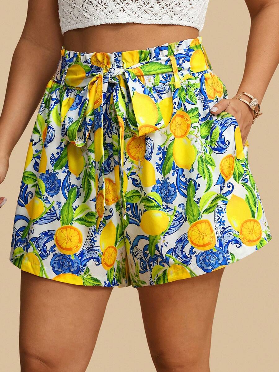 Travachic 大码女式水果印花腰带口袋短裤 - 彩色 - 查看 1
