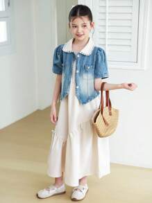 Tween-Mädchen 2-teiliges Set mit kontrastfarbenem Kragen, Puffärmeln, Jeansjacke und Camisole-Kleid mit Schleife - Aprikosenfarben - Übersicht 9