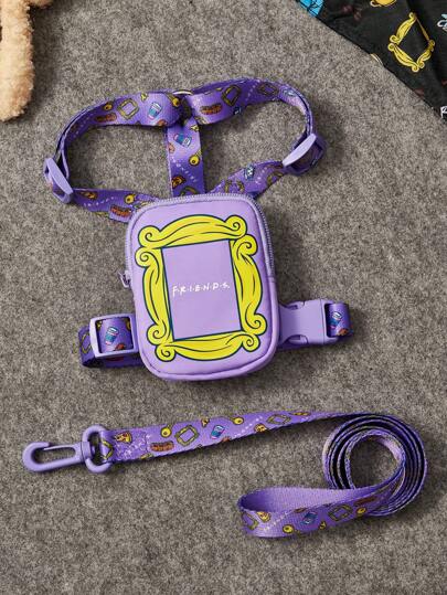 FRIENDS X SHEIN Set de 3 piezas de portador de mascotas con estampado, 1 portador ajustable, 1 bolsa, 1 correa, para gatos, para perros pequeños y medianos, amistad, portarretratos