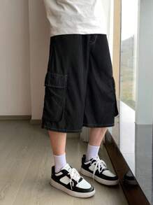 SHEIN 青少年男孩时尚休闲 Y2K 复古旧钱水洗工装口袋舒适透气宽松工装牛仔短裤，适合儿童日常穿着，柔软舒适，适合春夏、春夏派对、海滩、秋季返校季穿着，复古街头朋克风格 - 黑色 - 查看 8