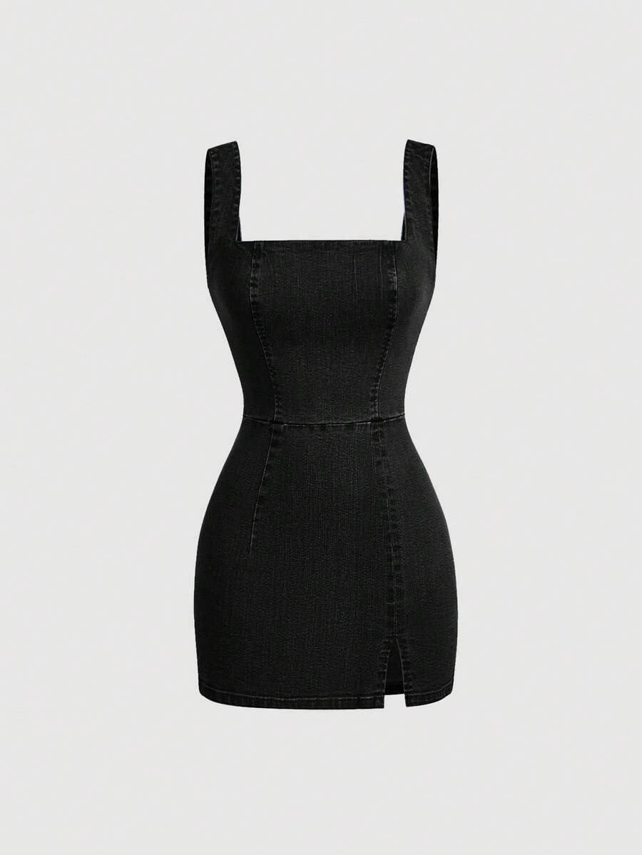 SHEIN MOD Đầm ôm body denim cổ vuông thường ngày cho nữ - màu đen - Xem 1