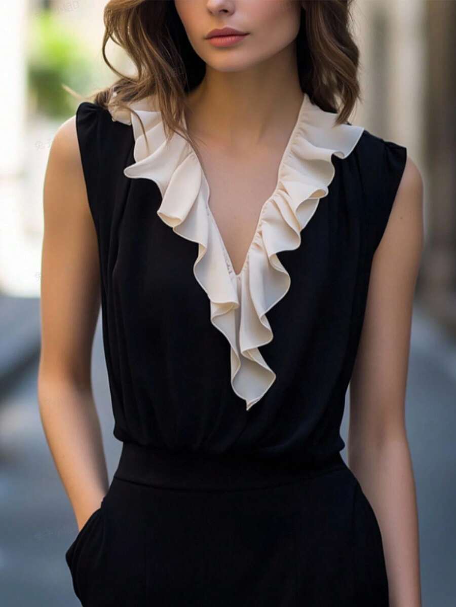 EMERY ROSE Women's French Chic Commuting Contrast Color Ruffle Trim Camisole - Black - View 1