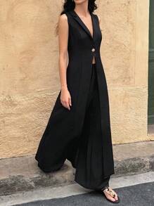 Breezaya Women Two Pieces Set: Solid Mottled Lapel Single-Button Vest & Loose Wide Leg Pants