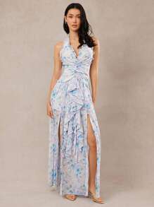 L'Amorae Elegant Floral Print High Slit Halter Backless Dress, Summer - Blue - View 3