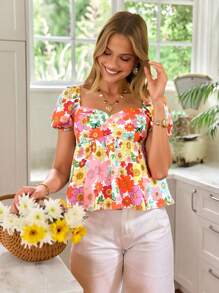 SHEIN VCAY 女式甜心领泡泡袖花卉印花雪纺衬衫，春夏度假风，度假风格，梭织图案印花，休闲夏日度假女士，波西米亚海滩度假，波西米亚风，乡村音乐会，节日庆典，海滩，夏季，复古风女士，毕业典礼，女士生日上衣