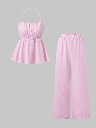 Sweetra Young 2pcs Set Girls Striped Halter Top And Long Pants Summer Casual Outfit