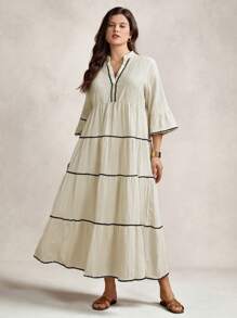 Zelara 大码女式度假拼布缎带喇叭袖荷叶边下摆连衣裙 - 米色 - 查看 5