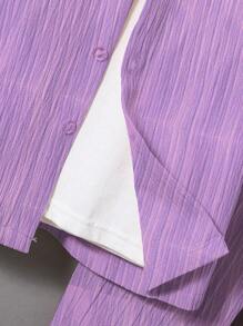 SHEIN Bộ đồ thường ngày 2 món áo sơ mi tay ngắn một hàng khuy đơn màu trơn cho bé trai - Màu tím - Xem 6