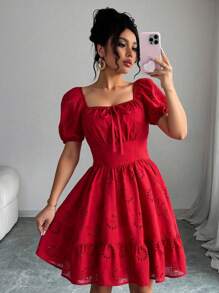 SHEIN Clasi Vestido mini elegante y dulce de estilo francés con cuello cuadrado, mangas abullonadas, volantes calados, tela similar al lino, cintura ajustada y silueta favorecedora, perfecto para vacaciones de verano de moda - Rojo - Ver 8