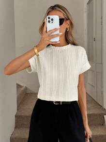 Easowa Camiseta básica de mujer de cuello redondo de manga corta con textura de rayas, top de punto casual de mujer, top de punto de mujer, top casual de negocios, estilo "Old Money" para mujer de negocios casuales, para mujer de noche/salida, tops de salida para mujer, para mujer en el aeropuerto, de vuelta al colegio, para profesoras, camisas de profesora