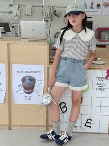 SHEIN Girl(Plus Size)Peter Pan Collar Blue Striped Polka Dot Blouse,Comfortable Denim Shorts T-Shirt Set,Black And White,Summer,Cute,School,Back-To-School - Blue - View 4