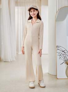SHEIN Tween Girl V-Neck Long Sleeve Jumpsuit With Flare Sleeves, Casual Romper For Outings, Autumn - Apricot - View 4