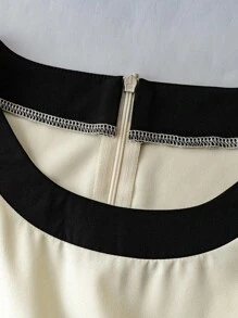 Flirla Đầm xòe cổ tròn tay ngắn dệt khối màu tương phản cỡ lớn cho nữ, váy thanh lịch lãng mạn cao cấp - màu đen - Xem 4