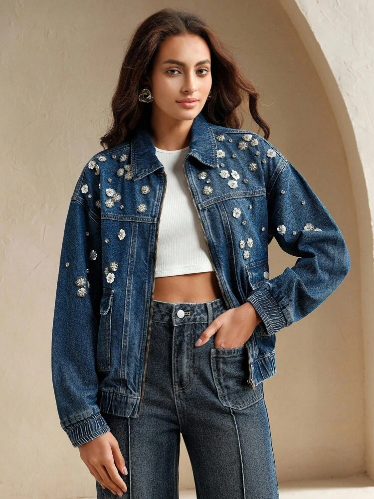 Veste en jean bleu ample à fleurs brodées faites à la main pour femmes