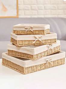 Desktop Storage Box For Cosmetics, Keys, Snacks, Table Clutter, Living Room, Entrance, Household Rattan Storage Basket, Woven Frame - apricot bow - View 1