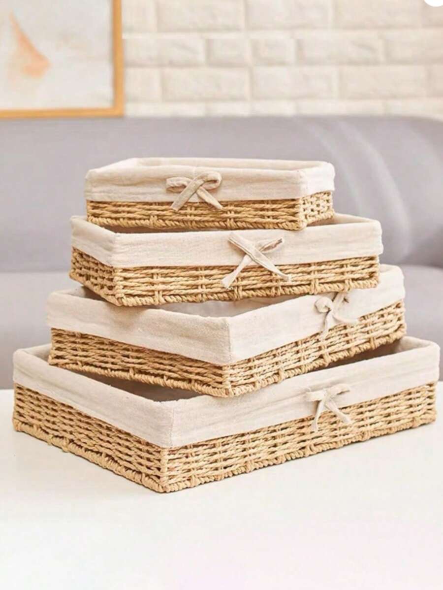 Desktop Storage Box For Cosmetics, Keys, Snacks, Table Clutter, Living Room, Entrance, Household Rattan Storage Basket, Woven Frame - apricot bow - View 1