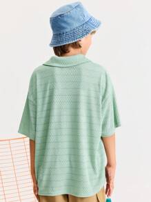 SHEIN 青少年男孩宽松休闲简约舒适 Polo 衫，翻领，编织带细节 - 薄荷綠 - 查看 2