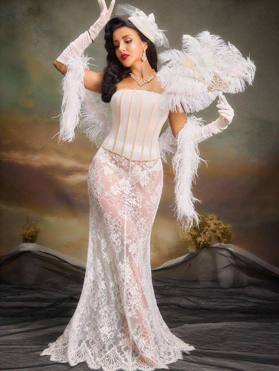 PinupPomp Áo ống đơn giản họa tiết xương cá Bandeau giúp định hình vòng eo - Màu be - Xem 1