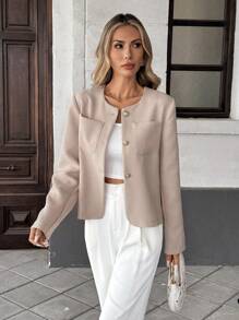 Pariaura Elegancka francuska tkana kurtka z okrągłym dekoltem i długim rękawem w regularnym kolorze zielonym dla kobiet, letnia nowość, codzienne stroje, wiosenne ubrania na uniwersytet, jesienno-zimowe ubrania dla kobiet