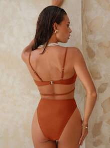 Swim Chiccia 1pc Women's V-Neck Cutout Elegant Split Shoulder One-Piece Swimsuit For Holiday For Summer Beach Vacation - Mocha Brown - View 5