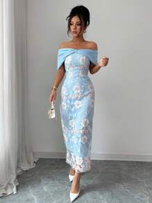 Elenzga Bohemian Butterfly Embroidery Off Shoulder Mid-Length Chiffon Dress, Suitable For Spring/Summer Vacation - Blue - View 3