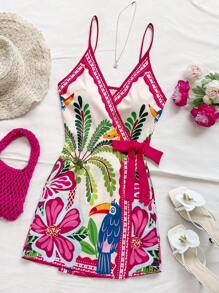 Soleia 女士热带椰子树和棕榈叶印花裹身吊带迷你连衣裙，度假风格 - 彩色 - 查看 3