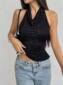 SHEIN PETITE Women's Spring/Summer Spaghetti Strap Black Backless Silver Lurex Halter Top, For Going Out